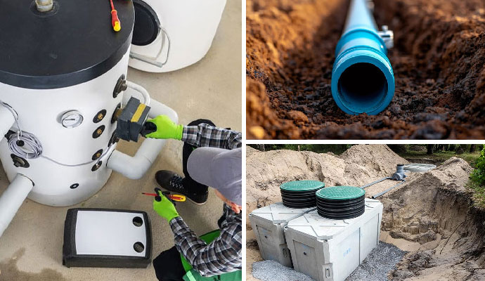 Collage of water heater installation, trenchless sewer line installation, and septic tank