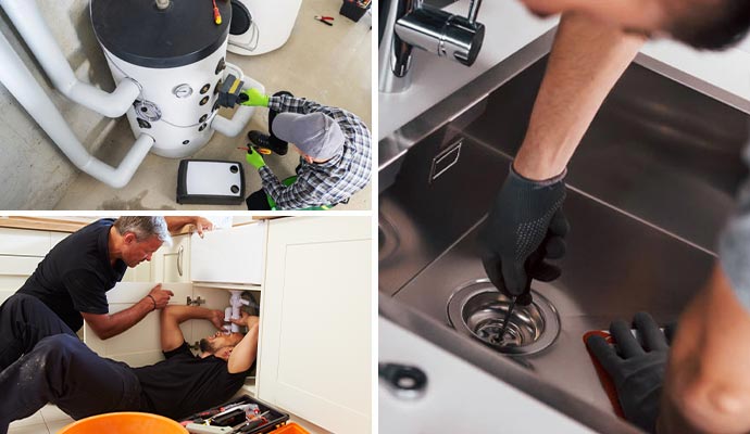 Collage of water heater repairing, plumbing installation and drain cleaning